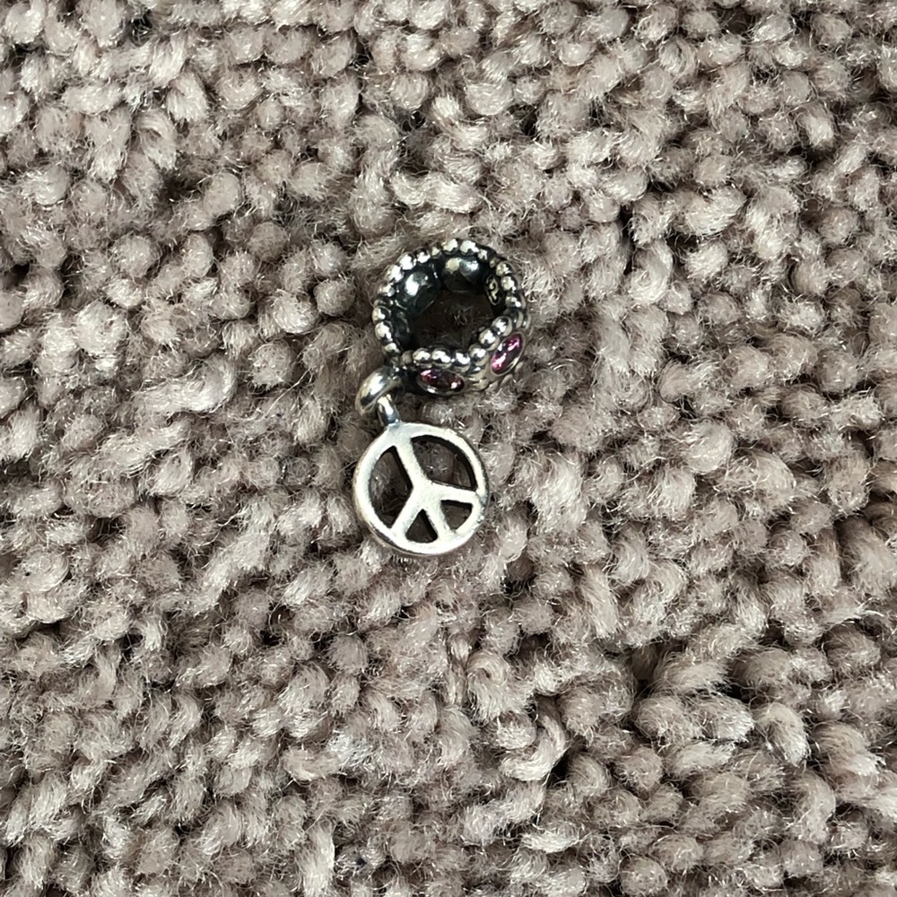 SS peace sign dangle pandora charm with pink cz